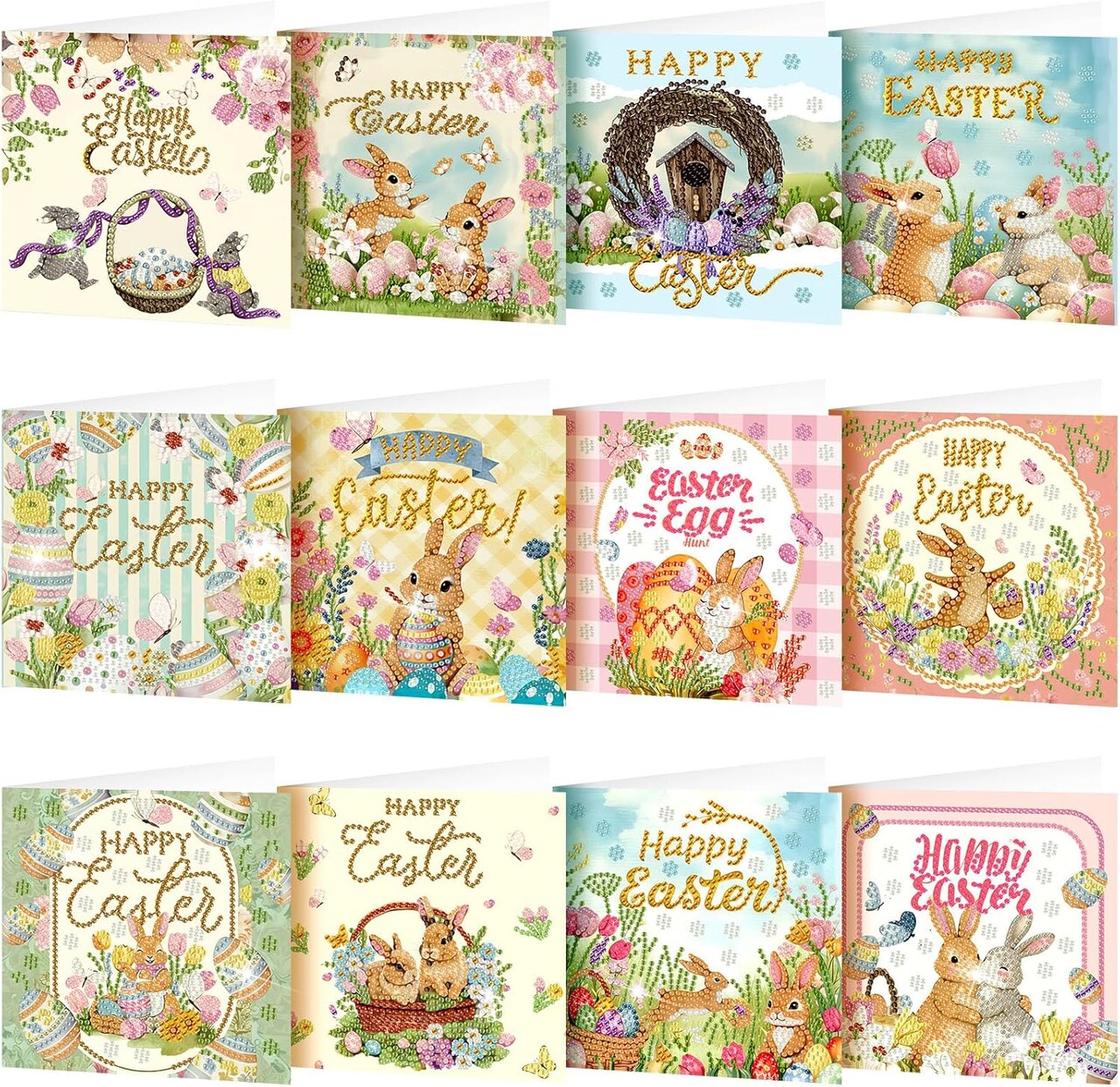 12-Pack Easter Diamond Painting Greeting Card Kits – DIY 5D Rhinestone Easter Cards with Envelopes, Bunny & Egg Spring Crafts for Adults